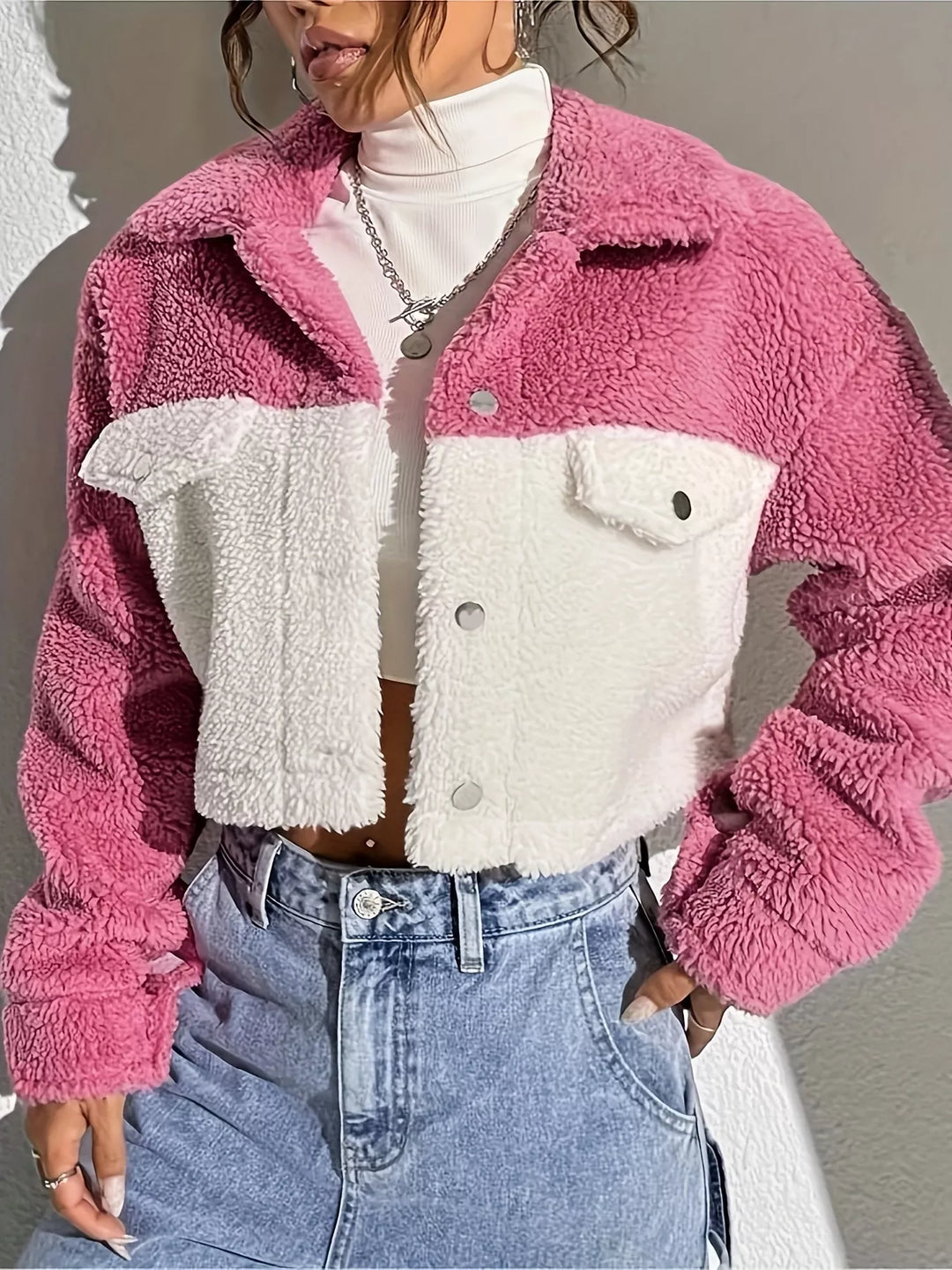 Two-tone sherpa cropped trucker jacket with snap front