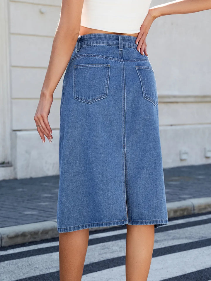 High-rise midi denim skirt with back slit and front pockets