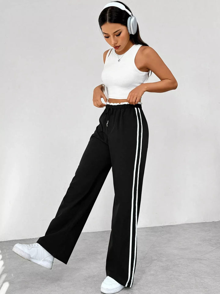 Striped side wide-leg track pants with drawstring waist