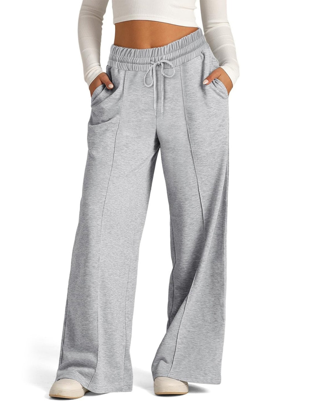 Light Gray High-rise wide-leg drawstring lounge pants with pockets
