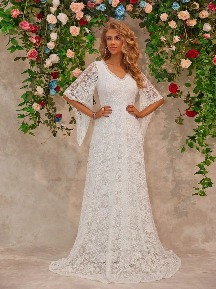 White Lace V-neck bell sleeve floor-length maxi dress