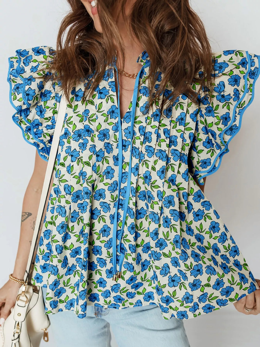 Light Blue Floral ruffle flutter sleeve tie-neck blouse