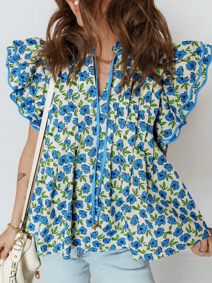 Light Blue Floral ruffle flutter sleeve tie-neck blouse