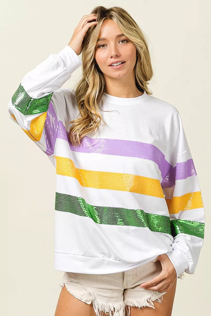 Sequin stripe Mardi Gras crewneck sweatshirt