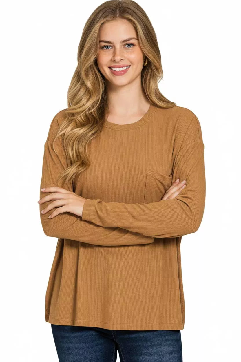 Ribbed dolman sleeve top with chest pocket