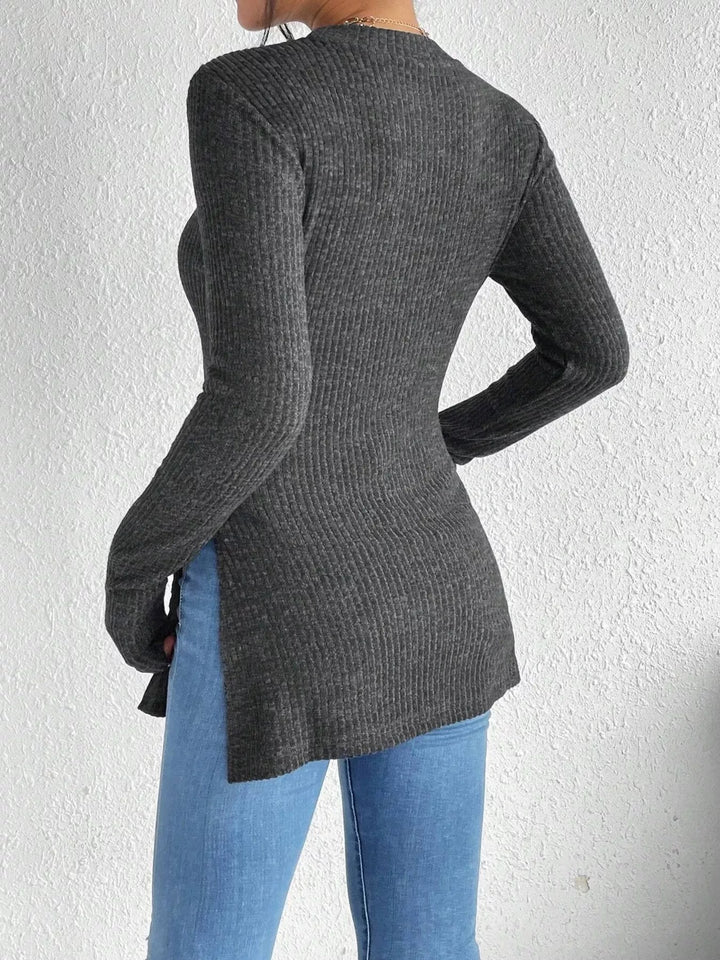 Slit-hem ribbed knit long sleeve top with crew neck