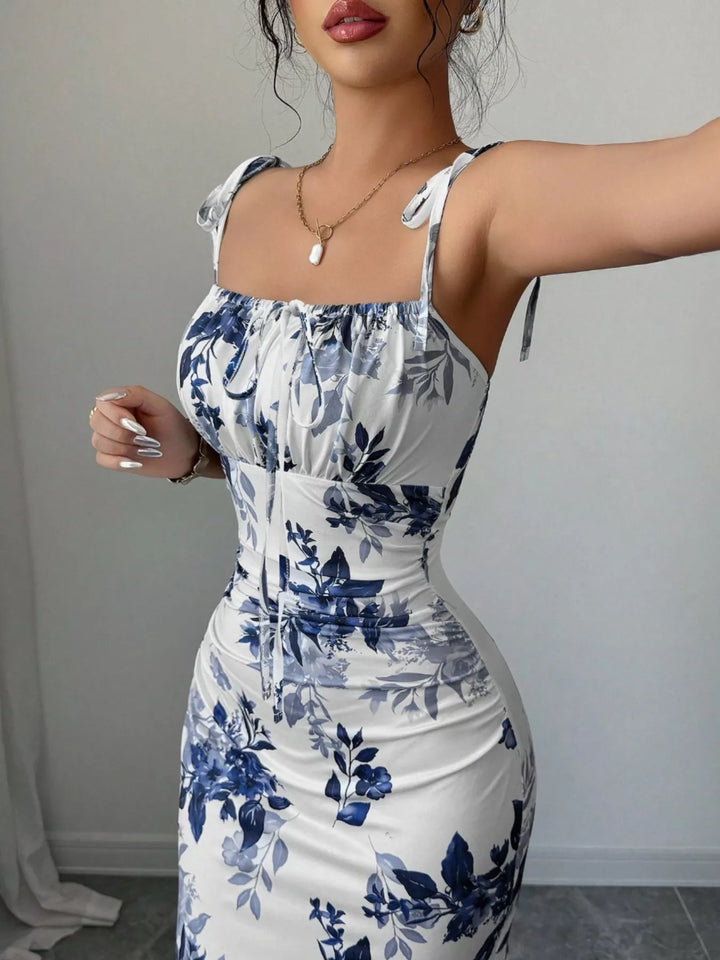 Floral print tie-strap maxi dress with side slit