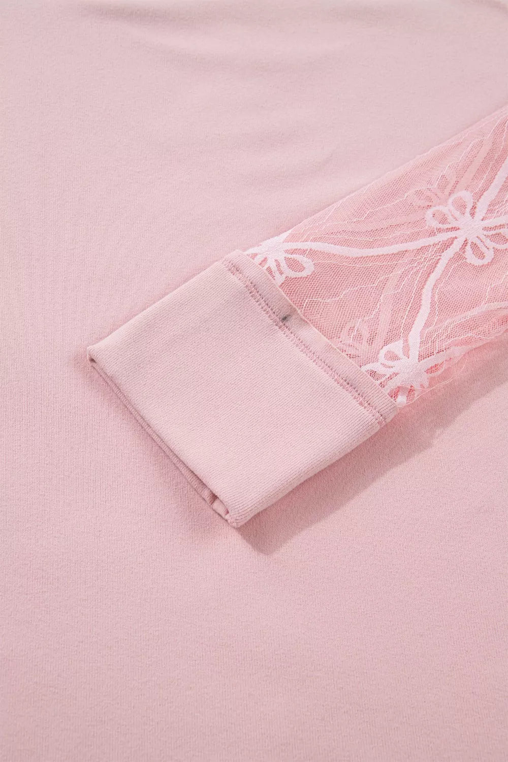 Crew neck top with bow-embroidered sheer lace sleeves