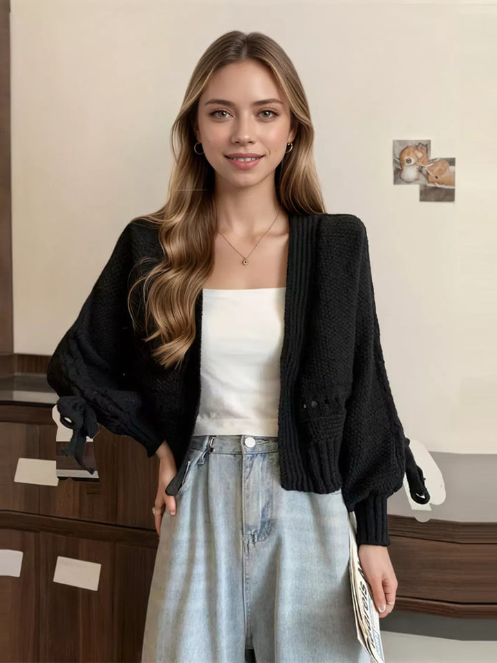Chunky knit cropped cardigan with lace-up tie sleeves