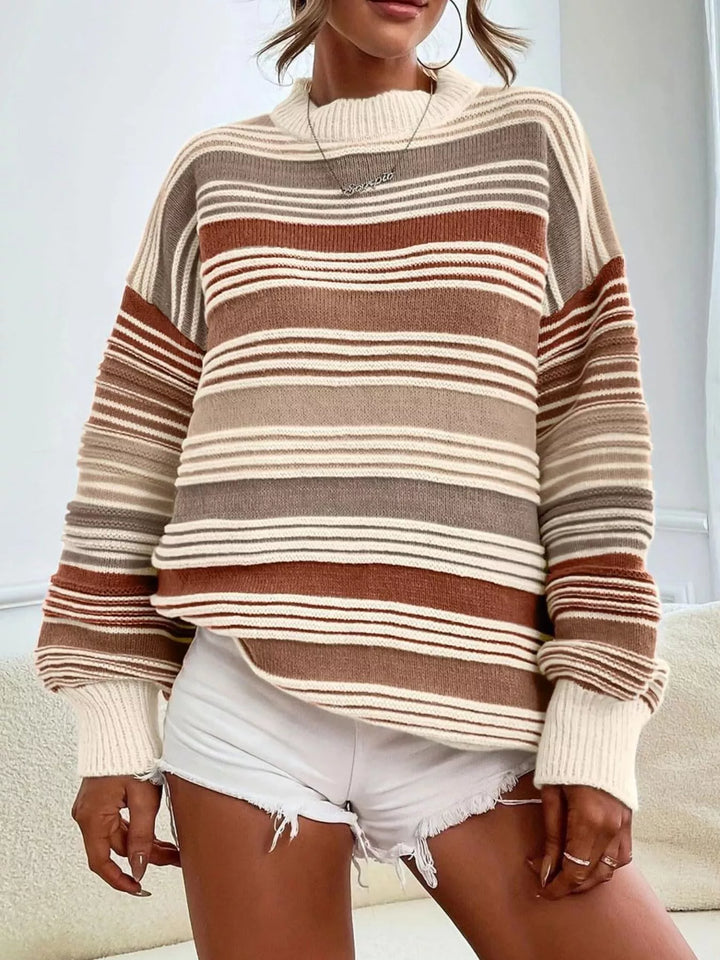 Camel Striped mock neck relaxed knit pullover sweater