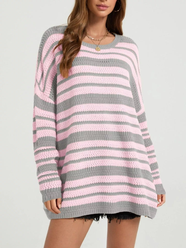 Pink Striped open-knit drop shoulder oversized sweater