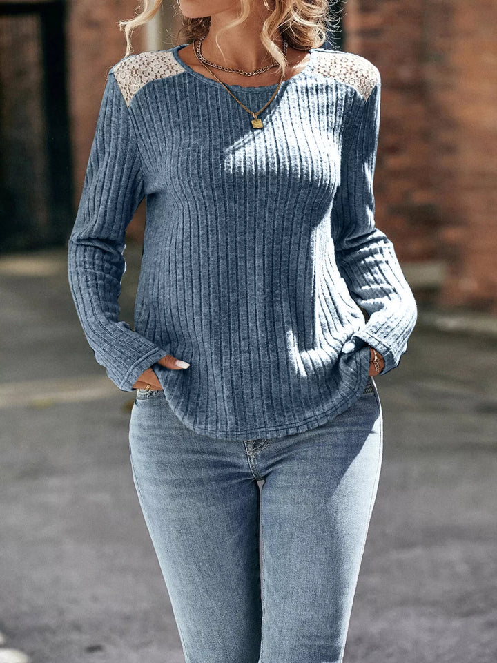 Ribbed knit top with lace shoulder panels and long sleeves