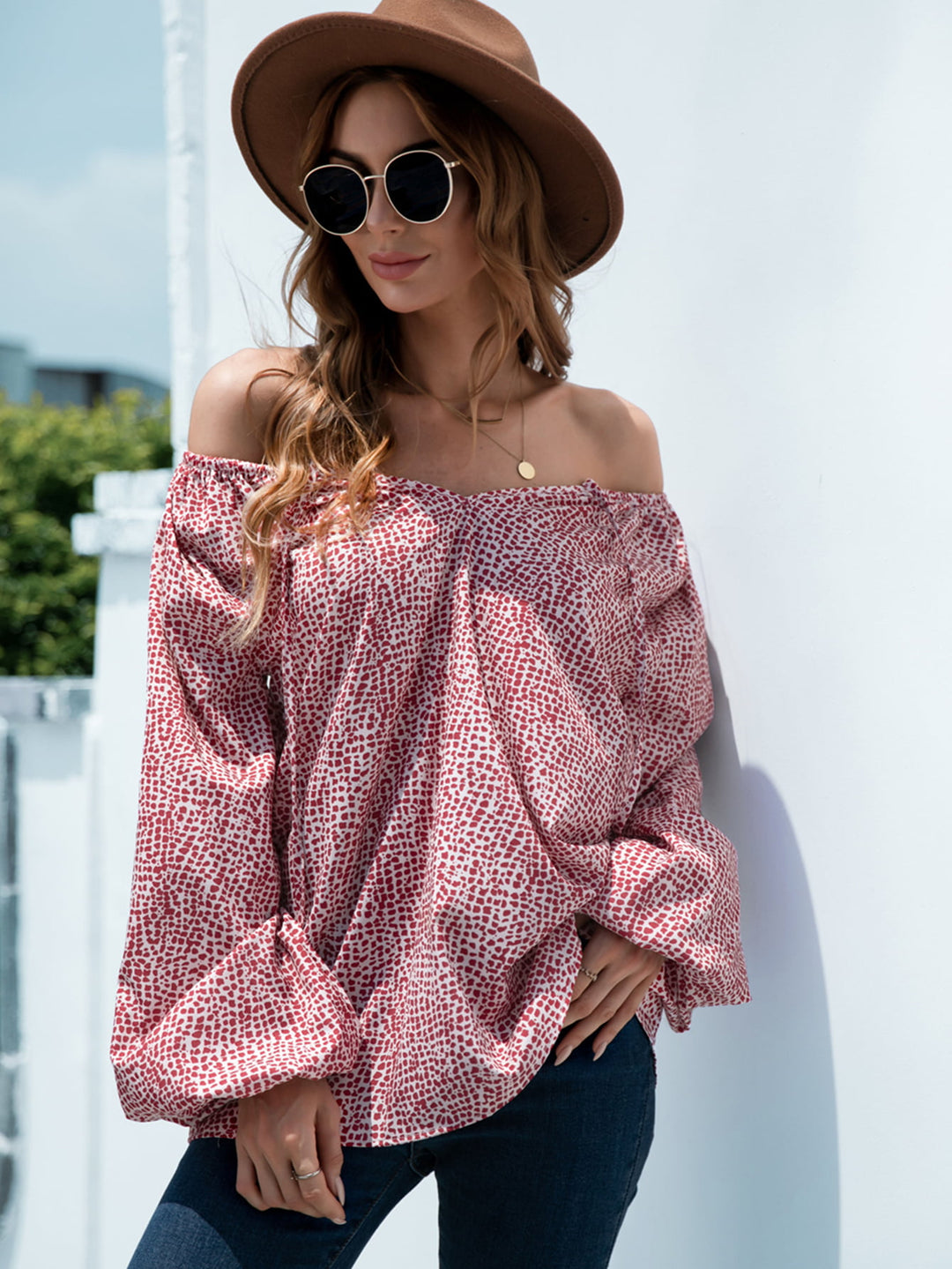 Speckled dot print off-shoulder balloon sleeve blouse