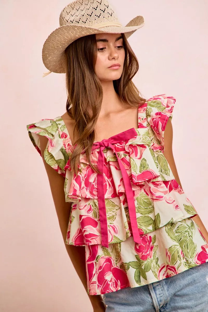 Floral print tiered ruffle top with square neck and bow