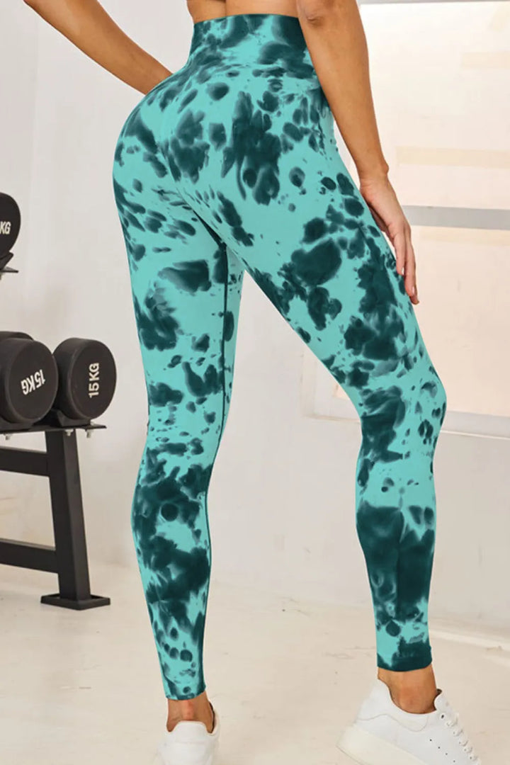 Tie-dye high-waist active leggings with wide waistband