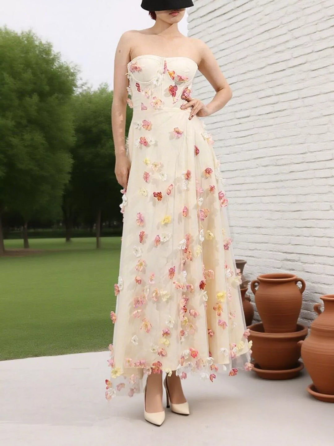 Strapless tulle maxi dress with 3D floral appliques