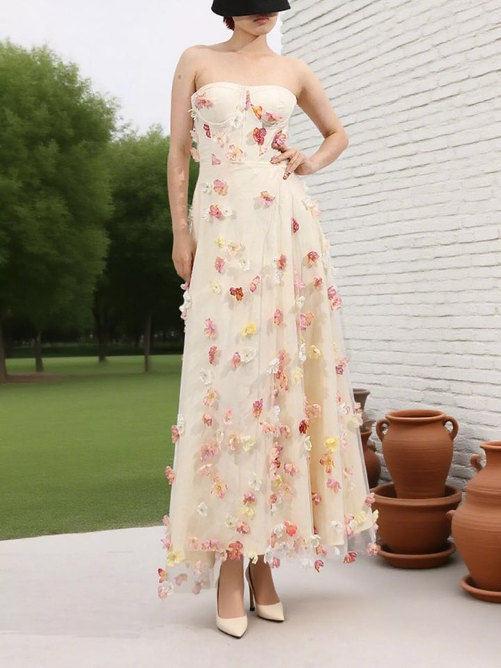 Strapless tulle maxi dress with 3D floral appliques