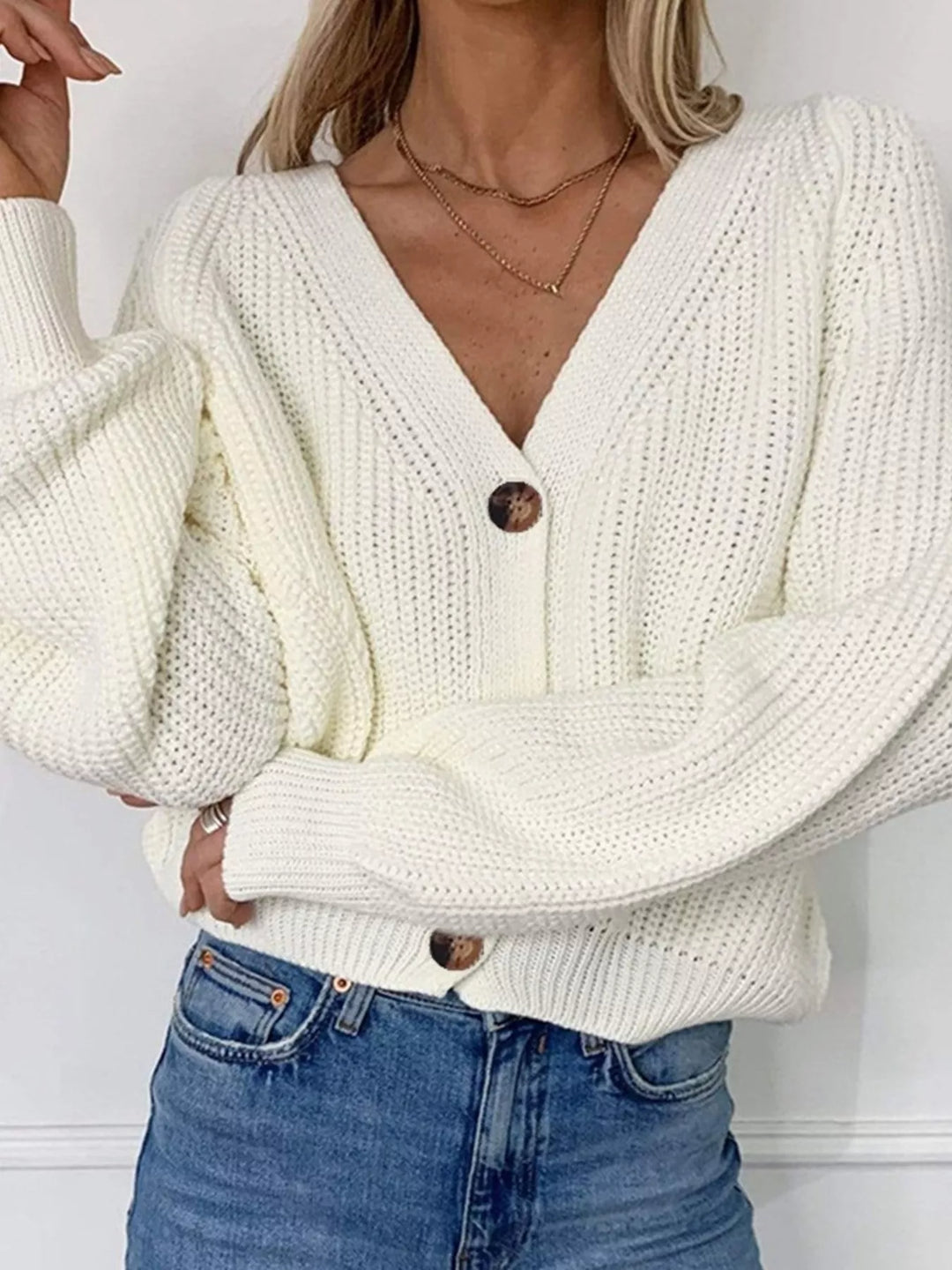 White Chunky knit button-down cardigan with tortoiseshell buttons