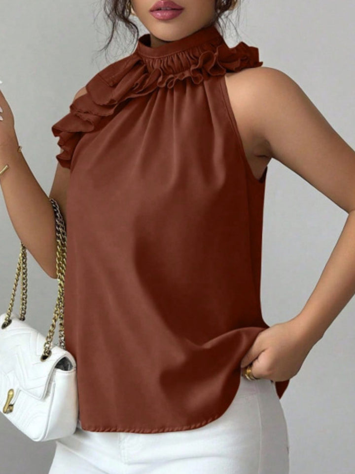 Flowy ruffle-trim high-neck sleeveless blouse
