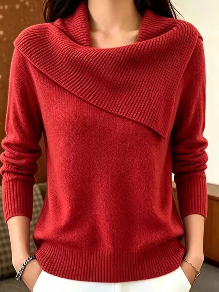 Red Asymmetric foldover ribbed collar knit pullover sweater