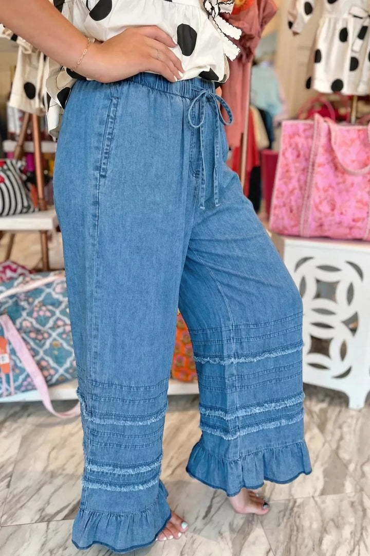 Wide-leg chambray pants with drawstring waist and ruffle hem