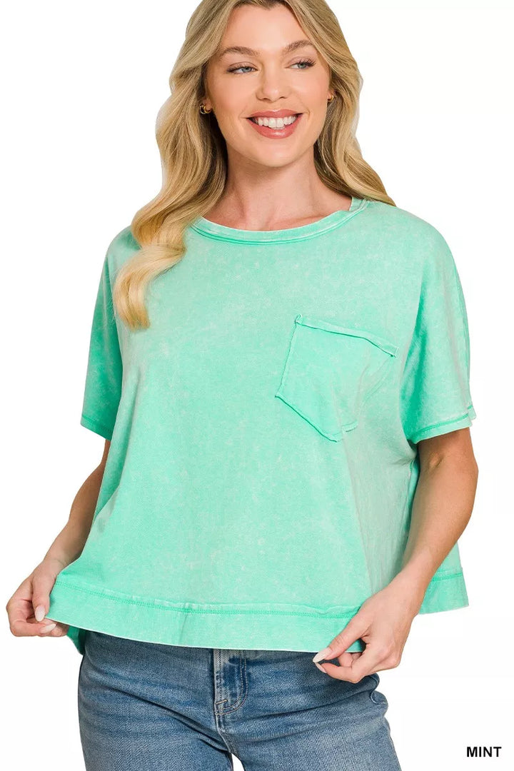 MINT Acid-wash oversized short sleeve tee with chest pocket