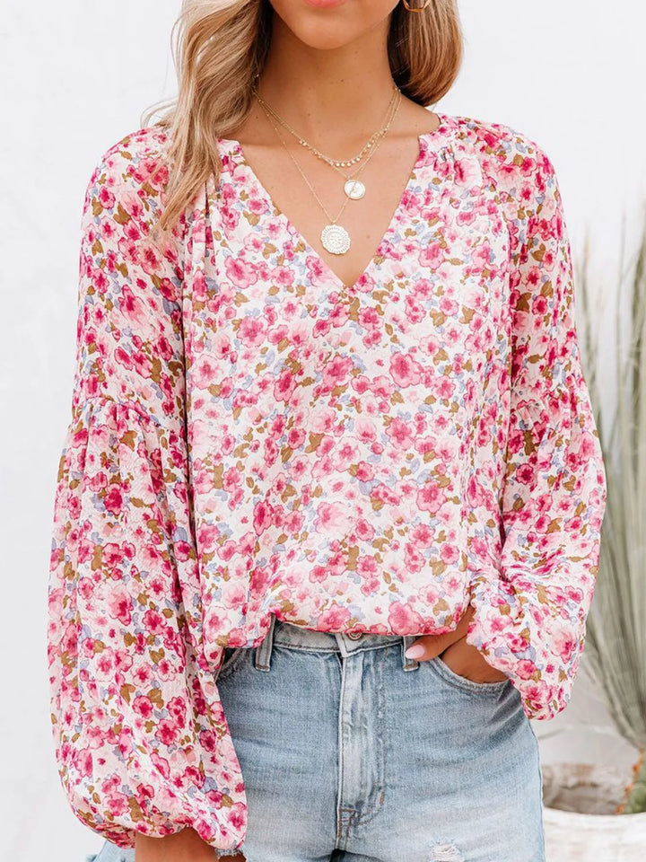 Floral print V-neck button-front blouse with long sleeves