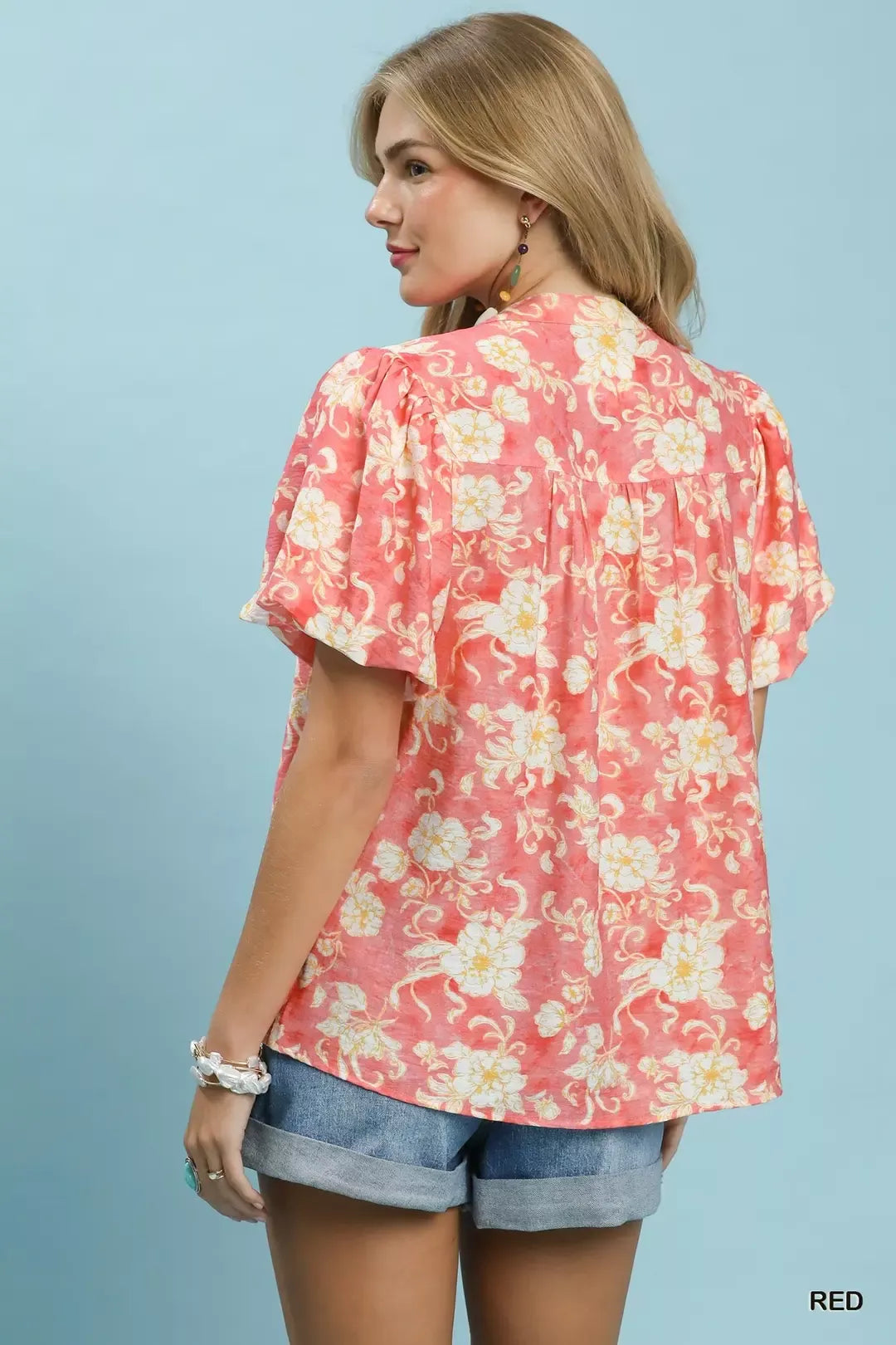 Floral flutter-sleeve button-front top with split V-neck