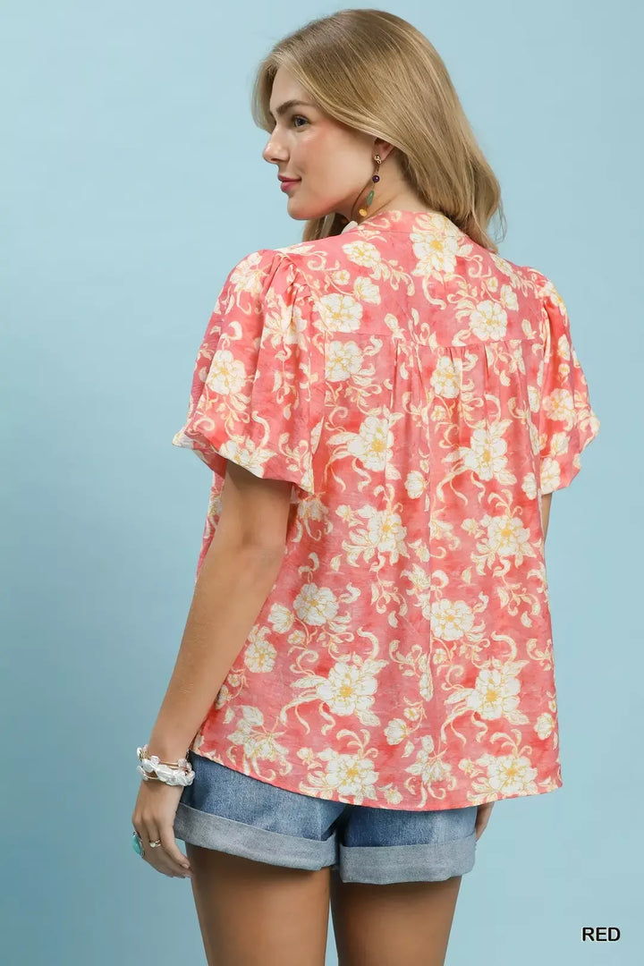 Floral flutter-sleeve button-front top with split V-neck