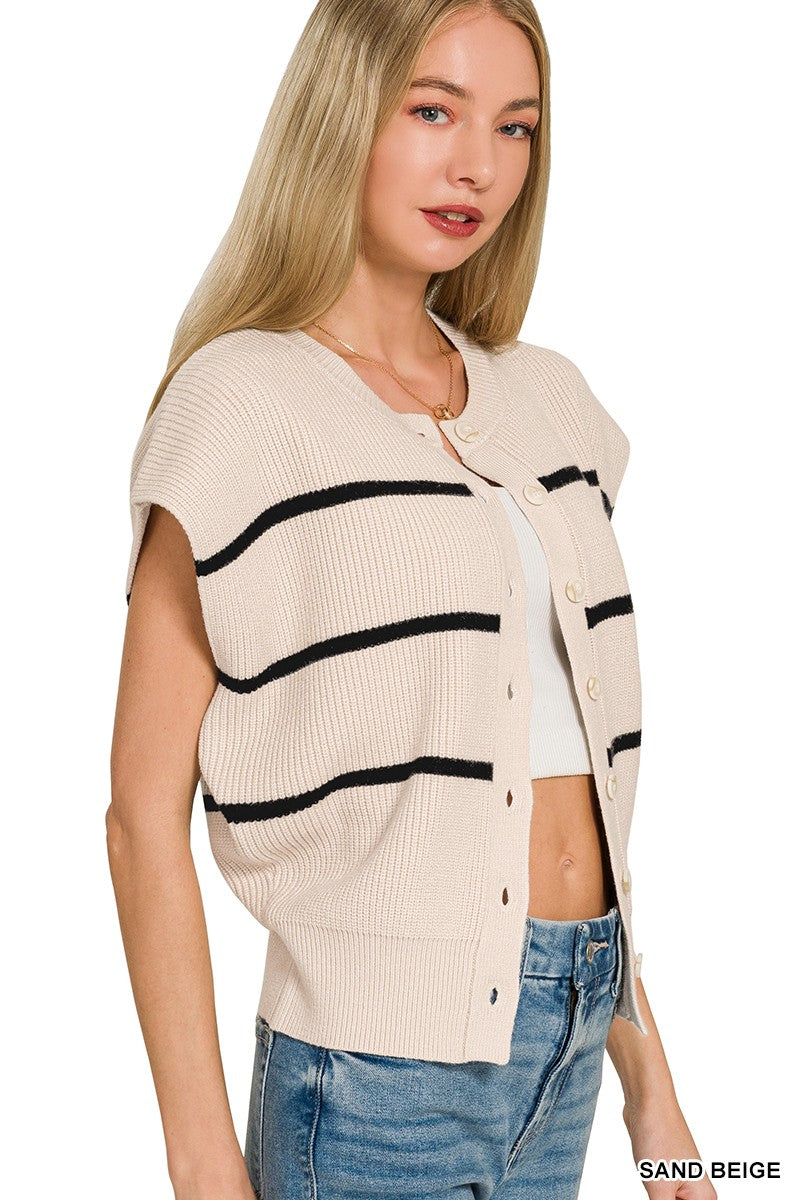 Striped ribbed knit sweater vest with button-down front