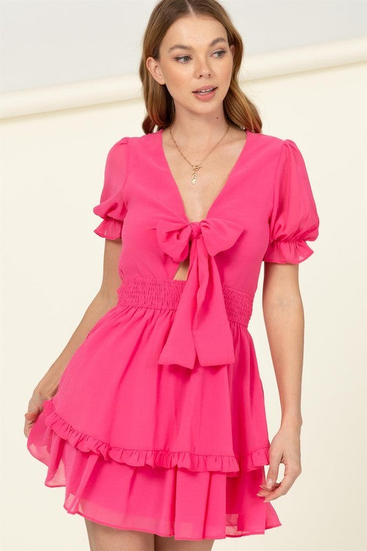 Days Like This Tie-Front Mini Dress in FUCHSIA - v neck, mini - front view