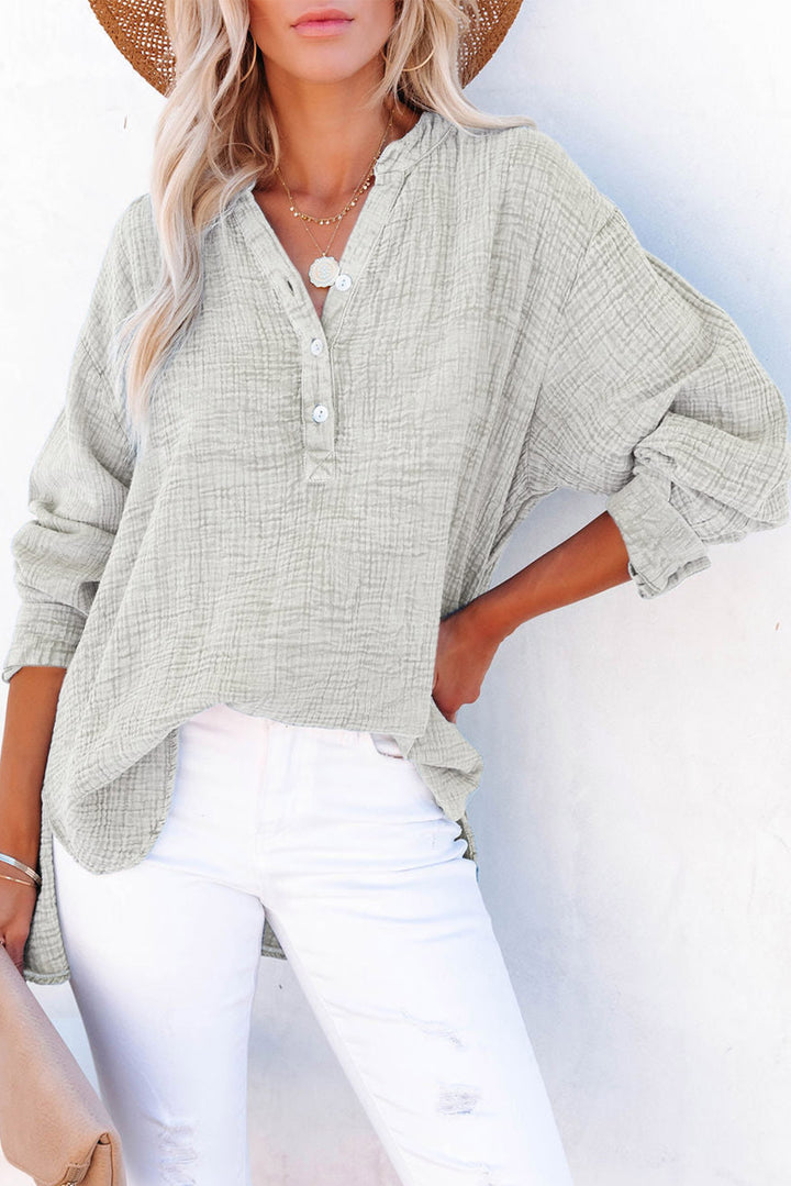 Light Gray Textured cotton blouse with half-button placket and long sleeves
