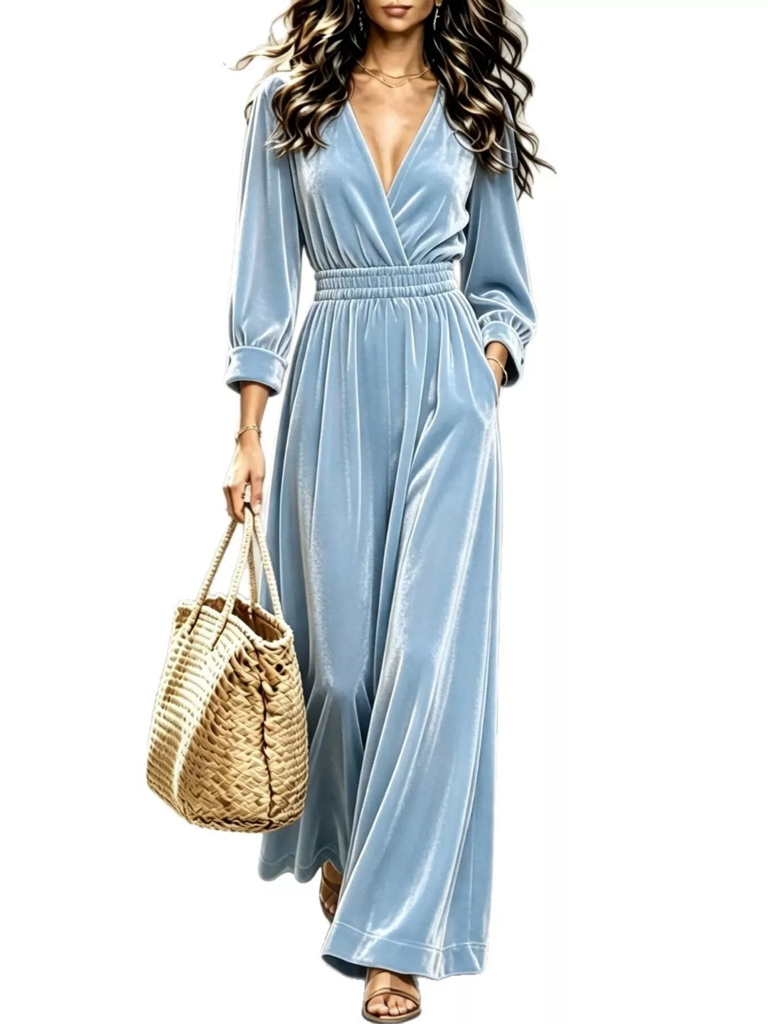 Velvet surplice wide leg jumpsuit with smocked waist