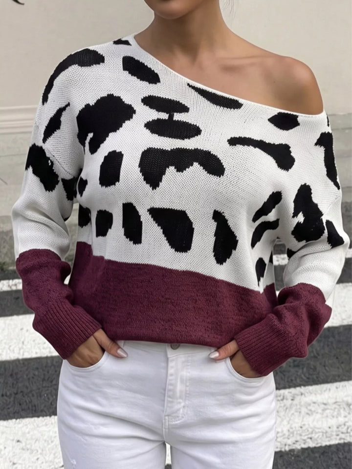 Burgundy Leopard print one-shoulder knit sweater with ribbed cuffs