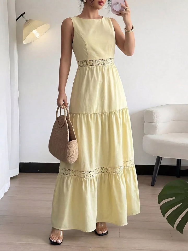 Yellow Sleeveless tiered maxi dress with lace inset waist