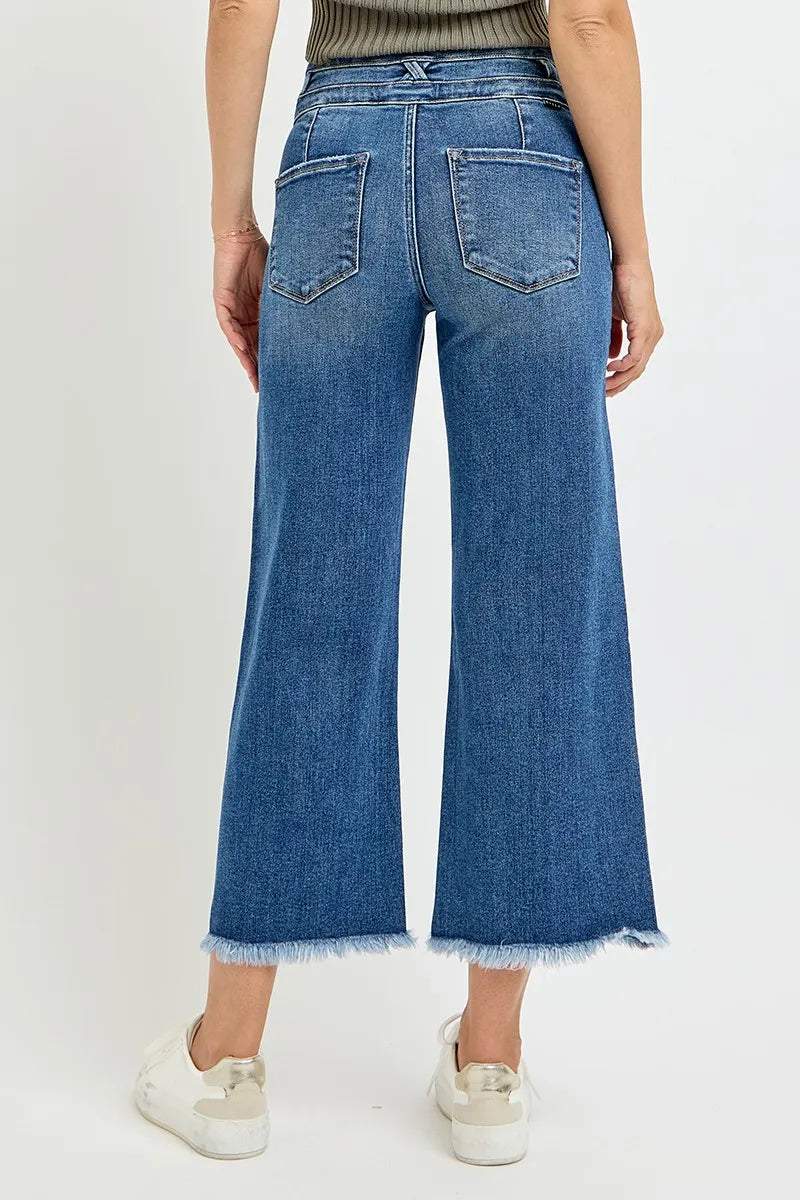 High-rise crop wide-leg jeans with crosshatch band and raw hem