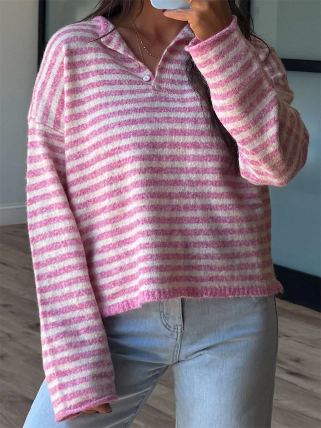 Pink Striped dropped-shoulder collared sweater with button placket