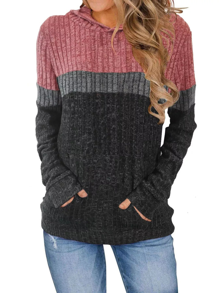 Fuchsia Pink Color block ribbed knit hoodie with kangaroo pocket