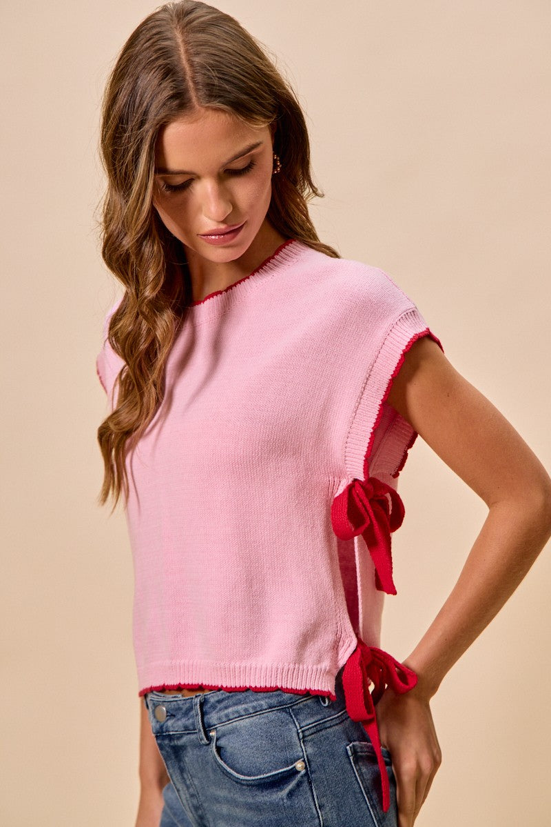 Dolman sleeve knit sweater top with side ribbon ties