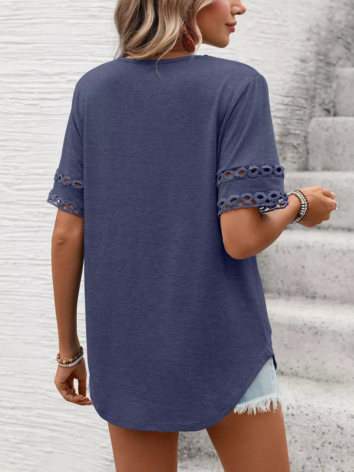 V-neck tee with crochet lace cutout sleeves
