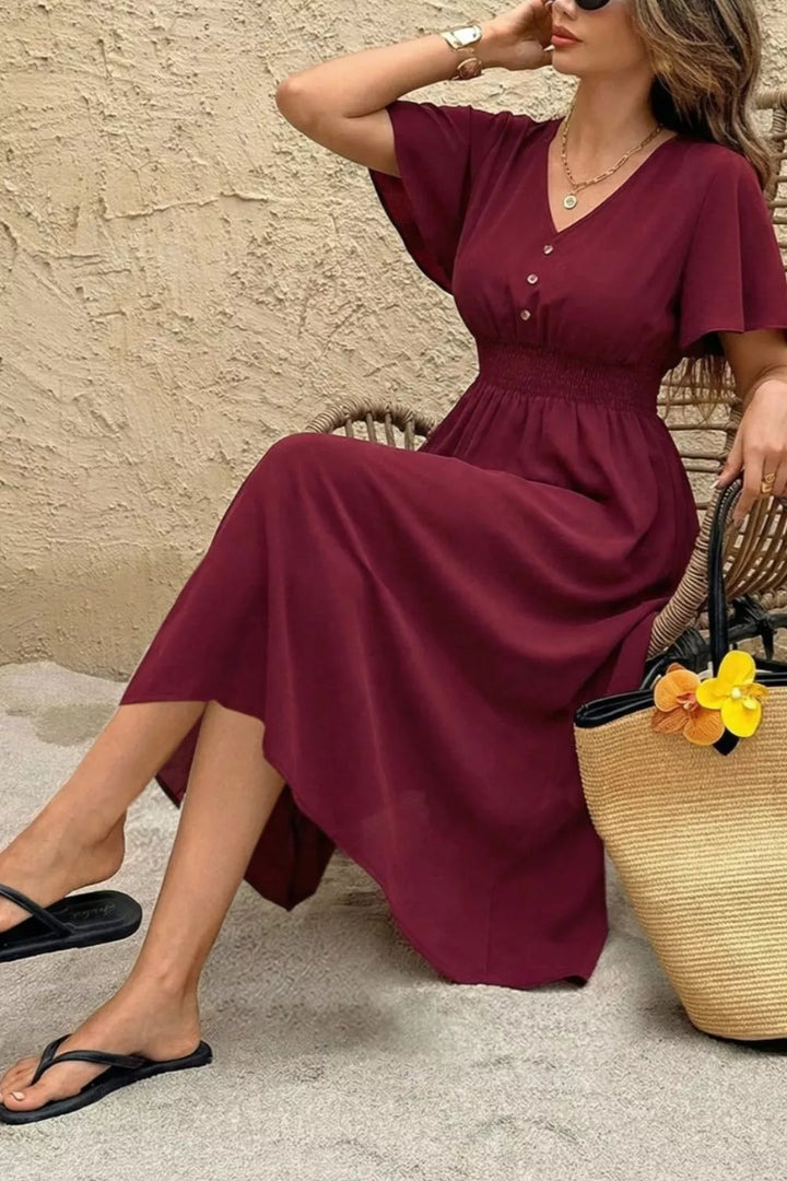 Flutter sleeve V-neck smocked waist high-low midi dress