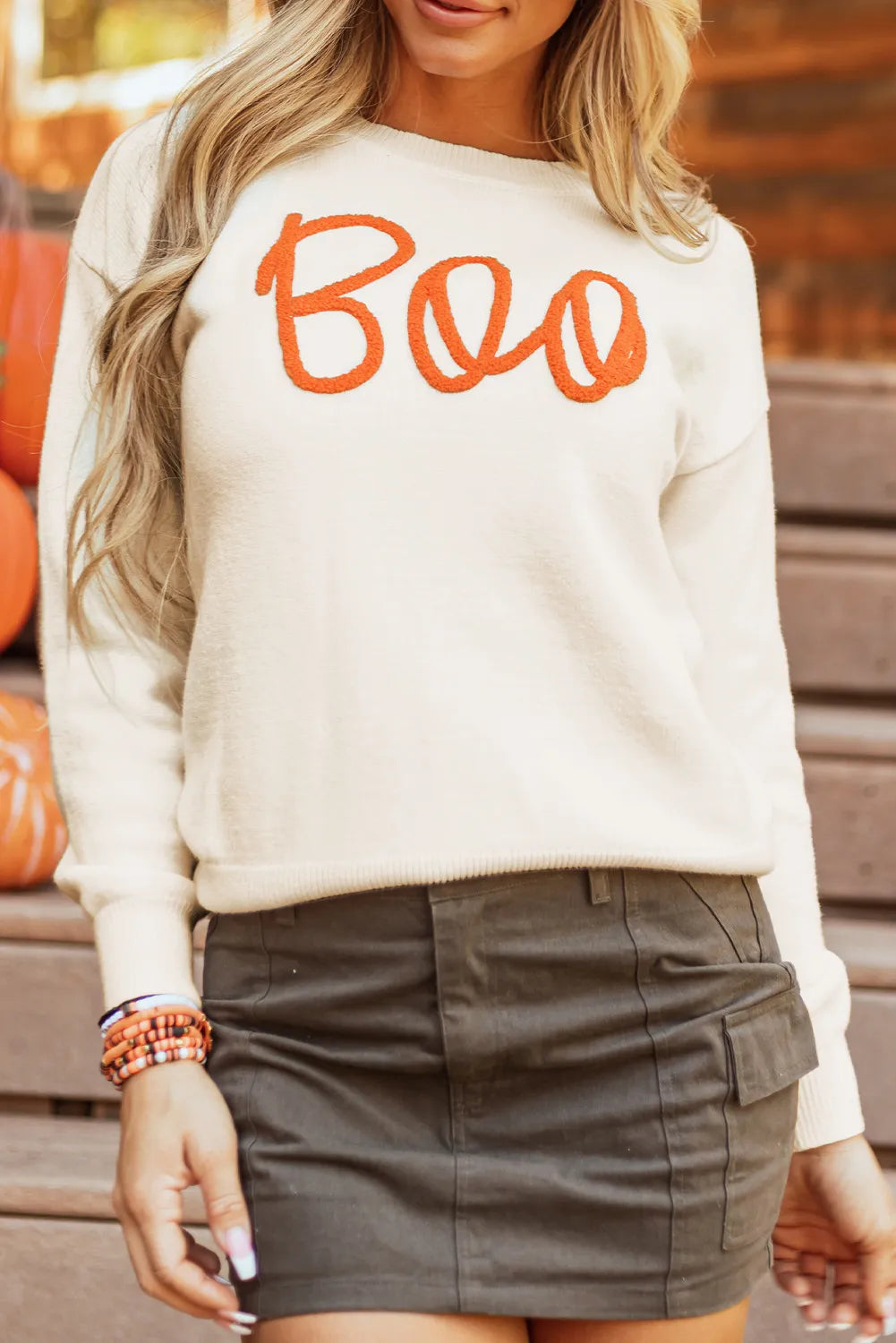 Ivory Boo embroidered script crew neck Halloween sweater