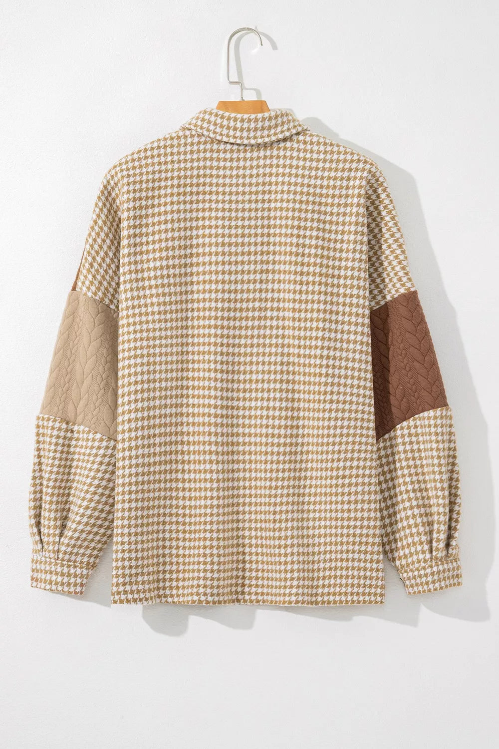 Houndstooth color block button-down shacket with chest pocket