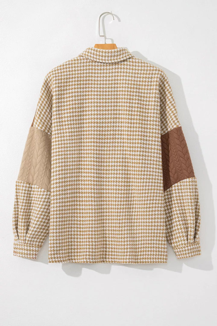 Houndstooth color block button-down shacket with chest pocket