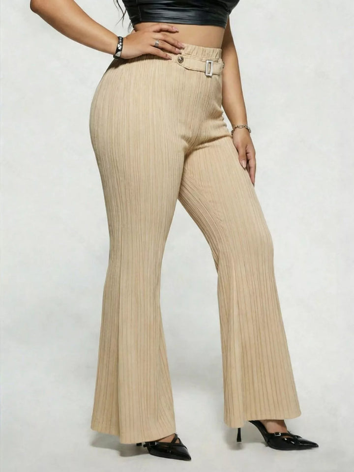 Plus size high-rise ribbed flare pants with buckle detail
