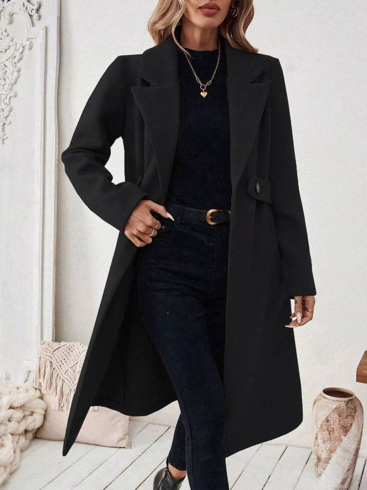 Notch lapel open-front longline coat with side pockets