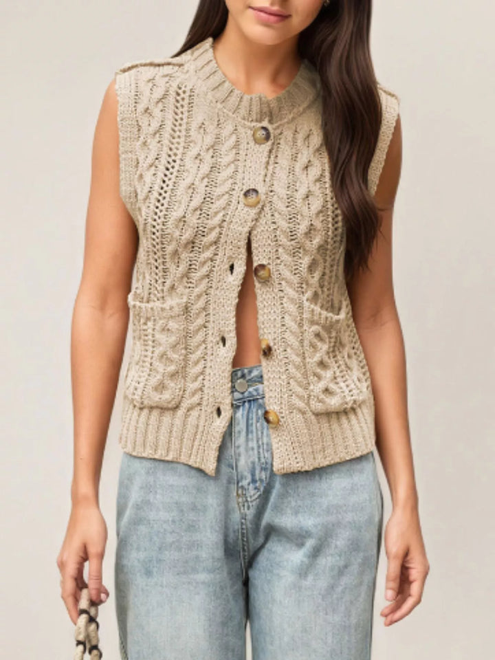 Apricot Cable knit button-down sweater vest with patch pockets