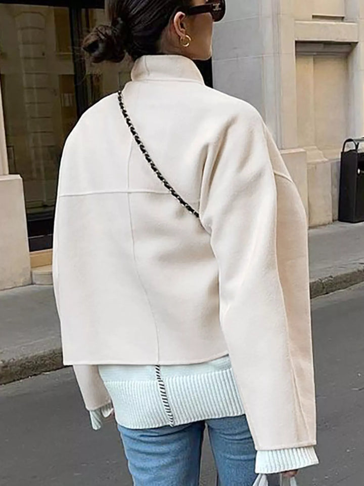 Dropped-shoulder open-front cropped jacket with shawl collar