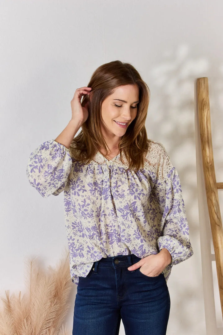 Floral print blouse with lace yoke and balloon sleeves