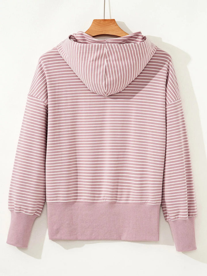 Striped drop-shoulder hoodie with thumbhole cuffs and side slits